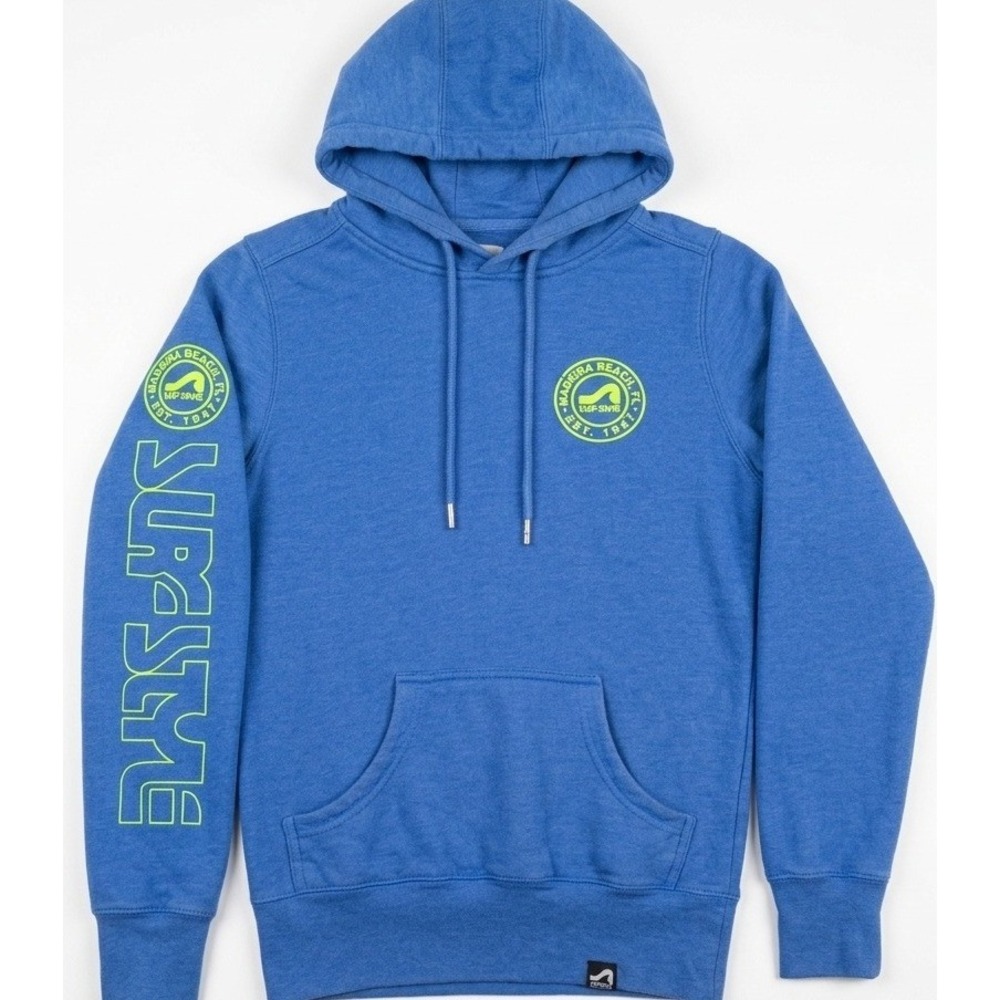 Surf Style Madeira Beach FL Hoodie Blue‎ Neon Green Graphic Pullover XS